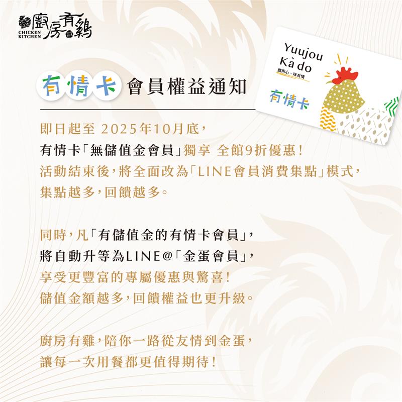 廚房有雞粵菜餐廳-【友情卡】會員權益通知